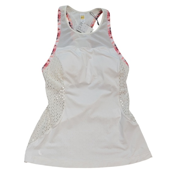 Lole Arun Tank Size Small White Pink Black Mesh Side Built-In Bra Sports NWT $90 - Picture 1 of 5